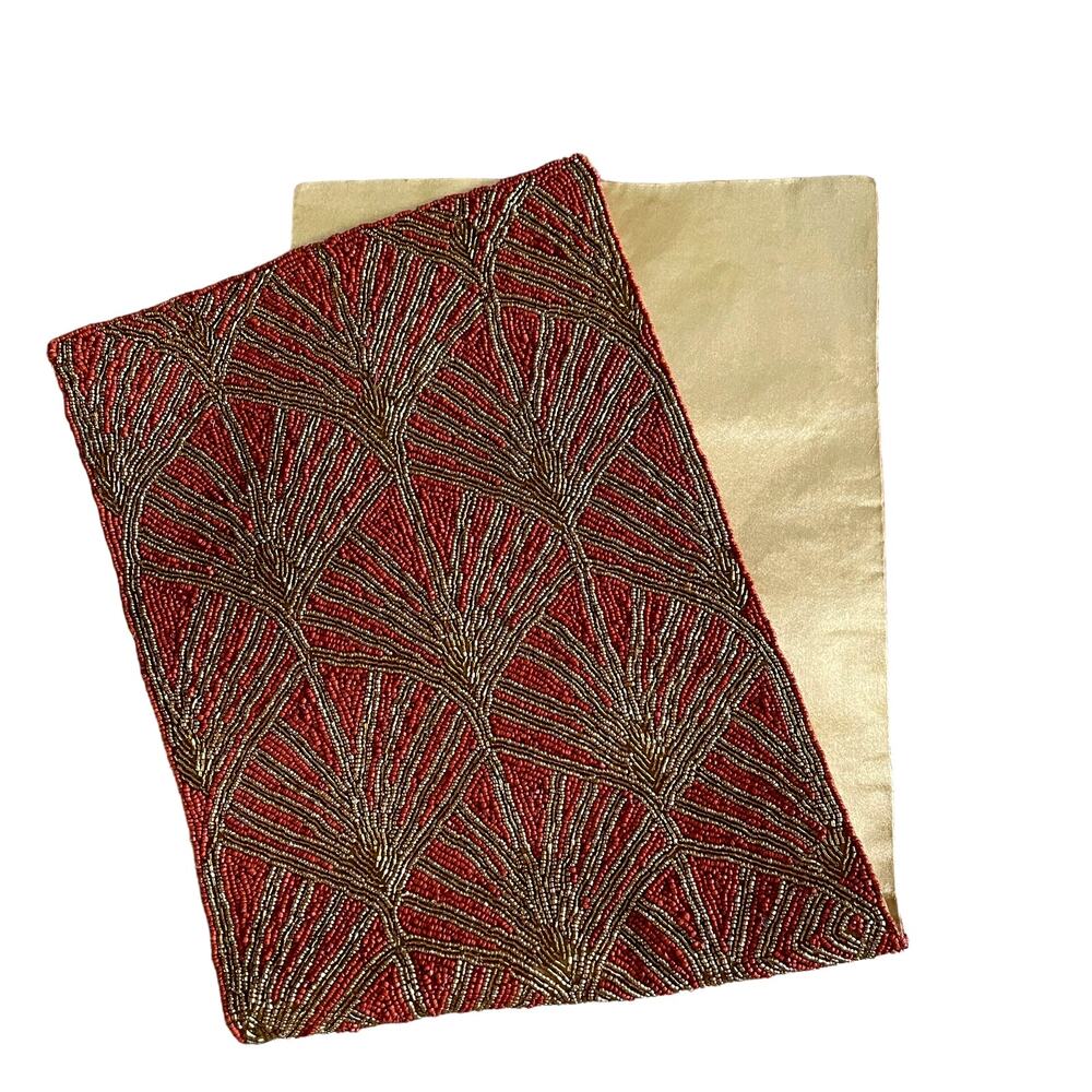 INDIA WORLD TRAVELER Hand Beaded 13x36 Table Runner Rust and Gold Fall Decor New